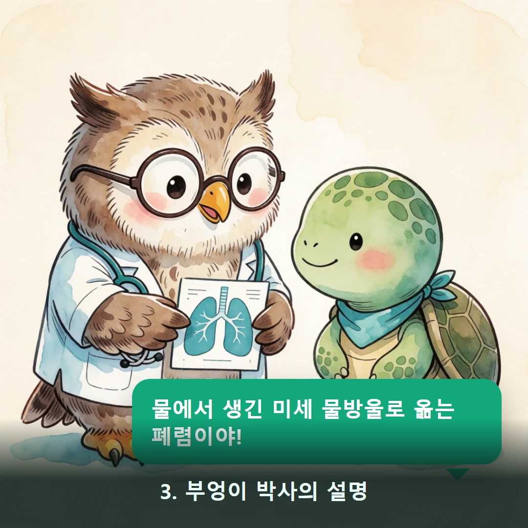 웹툰 3컷 — 3. 부엉이 박사의 설명 (물에서 생긴 미세 물방울로 옮는 폐렴이야!)