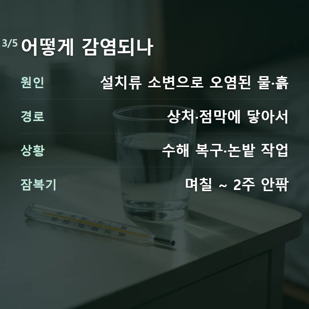 어떻게 감염되나 — 원인 설치류 소변으로 오염된 물·흙, 경로 상처·점막에 닿아서, 상황 수해 복구·논밭 작업, 잠복기 며칠 ~ 2주 안팎