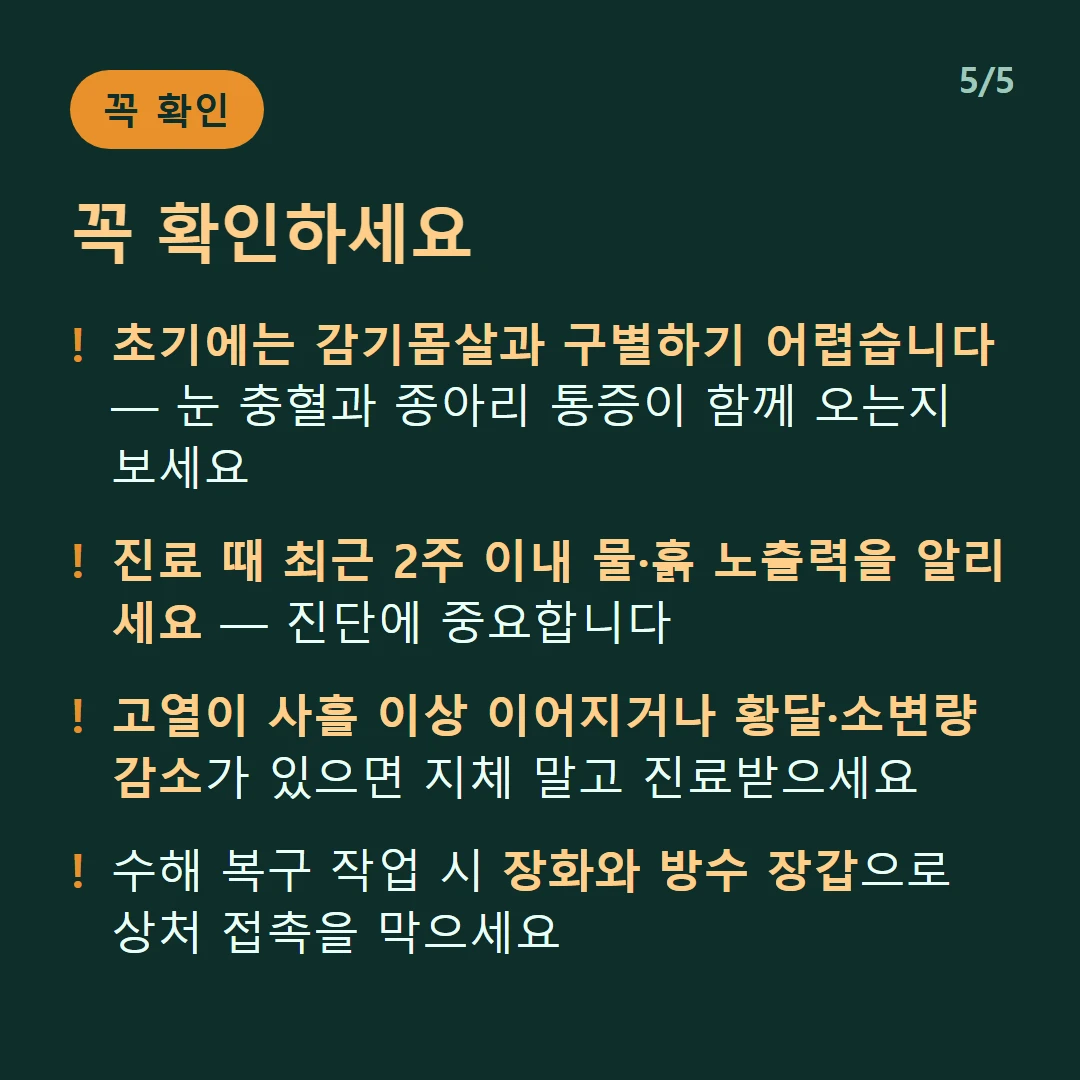 꼭 확인하세요 — 초기에는 감기몸살과 구별하기 어렵습니다 — 눈 충혈과 종아리 통증이 함께 오는지 보세요 / 진료 때 최근 2주 이내 물·흙 노출력을 알리세요 — 진단에 중요합니다 / 고열이 사흘 이상 이어지거나 황달·소변량 감소가 있으면 지체 말고 진료받으세요 / 수해 복구 작업 시 장화와 방수 장갑으로 상처 접촉을 막으세요