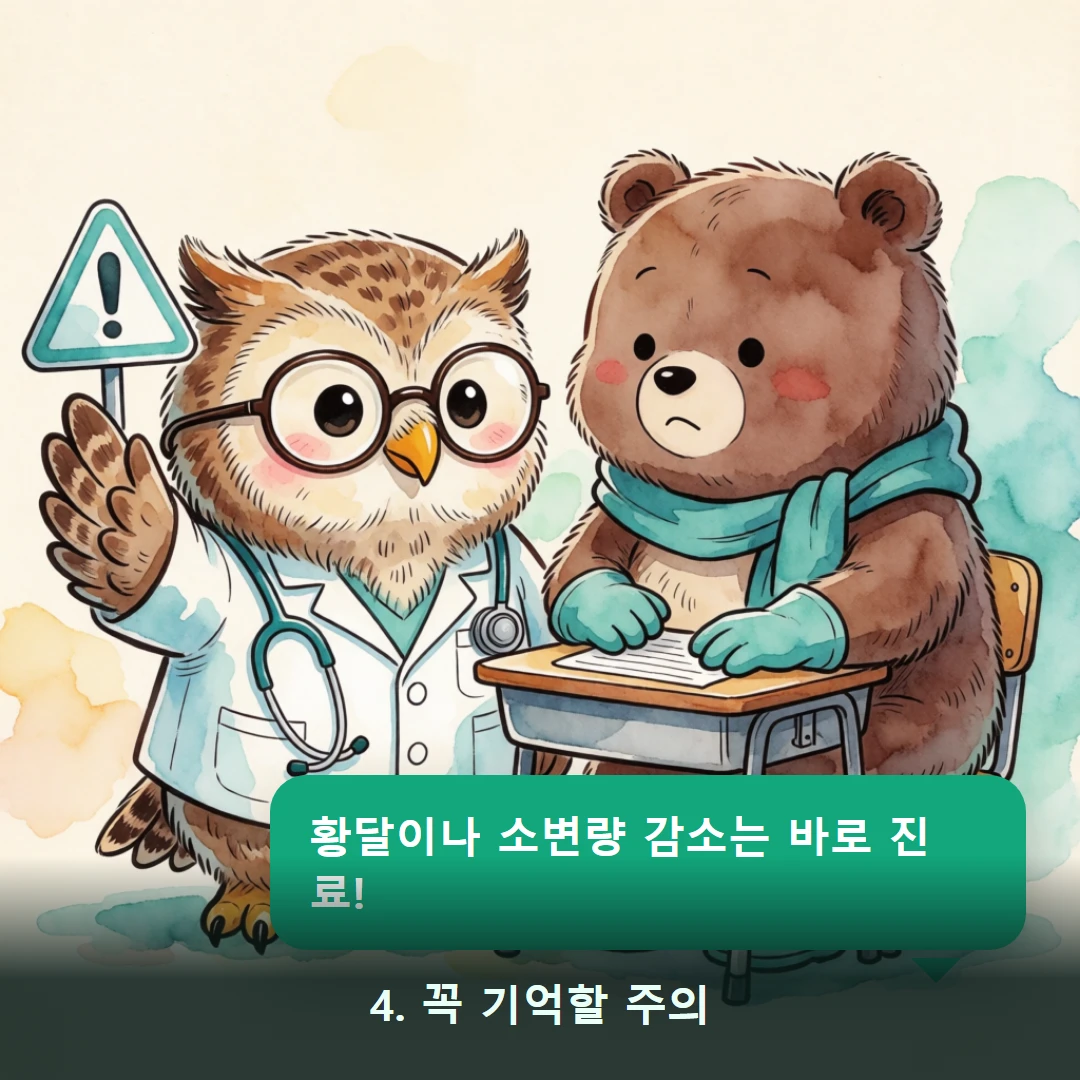 웹툰 4컷 — 4. 꼭 기억할 주의 (황달이나 소변량 감소는 바로 진료!)