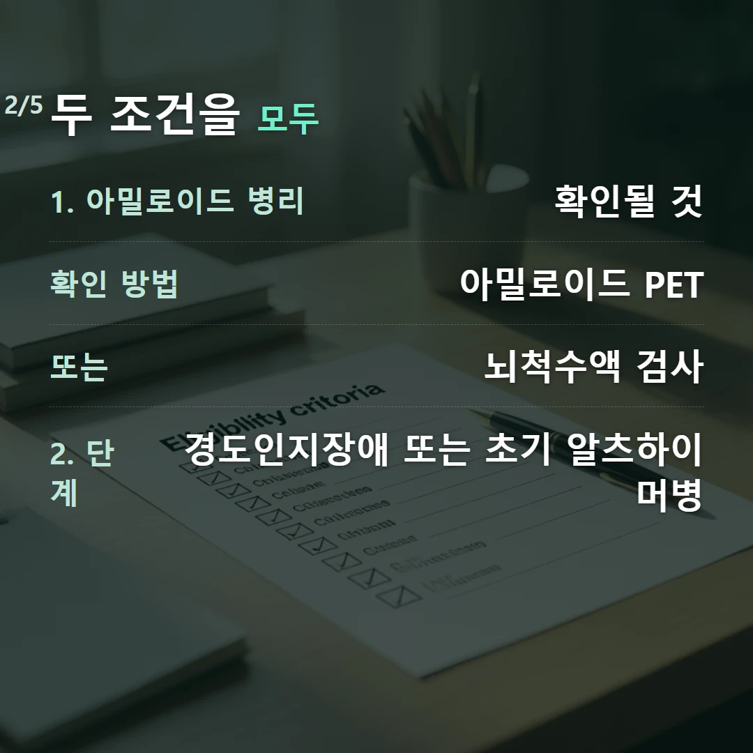 두 조건을 모두 — 1. 아밀로이드 병리 확인될 것, 확인 방법 아밀로이드 PET, 또는 뇌척수액 검사, 2. 단계 경도인지장애 또는 초기 알츠하이머병
