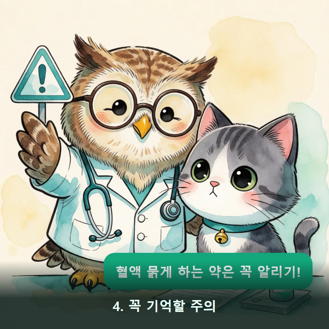 웹툰 4컷 — 4. 꼭 기억할 주의 (혈액 묽게 하는 약은 꼭 알리기!)