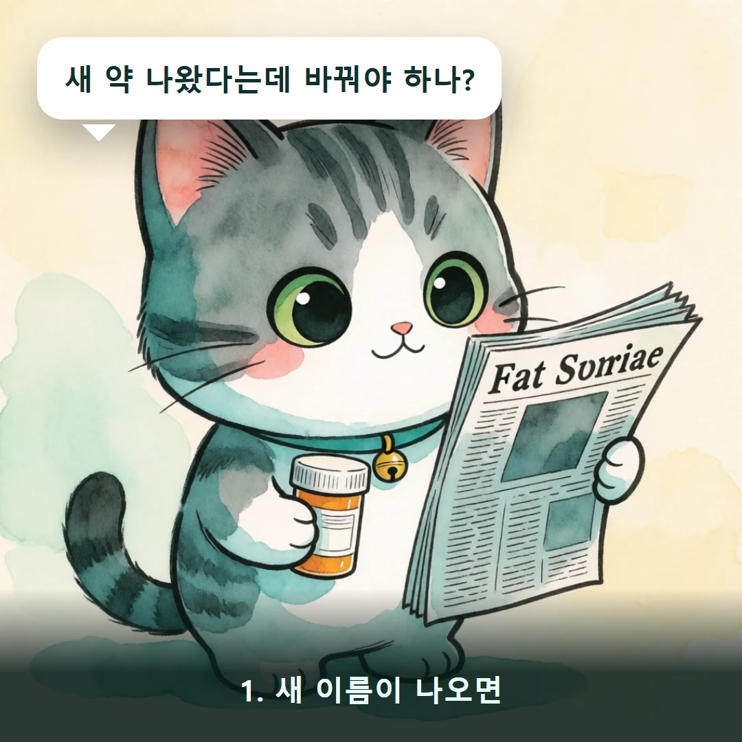 웹툰 1컷 — 1. 새 이름이 나오면 (새 약 나왔다는데 바꿔야 하나?)
