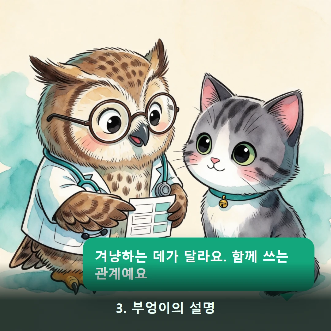 웹툰 3컷 — 3. 부엉이의 설명 (겨냥하는 데가 달라요. 함께 쓰는 관계예요)