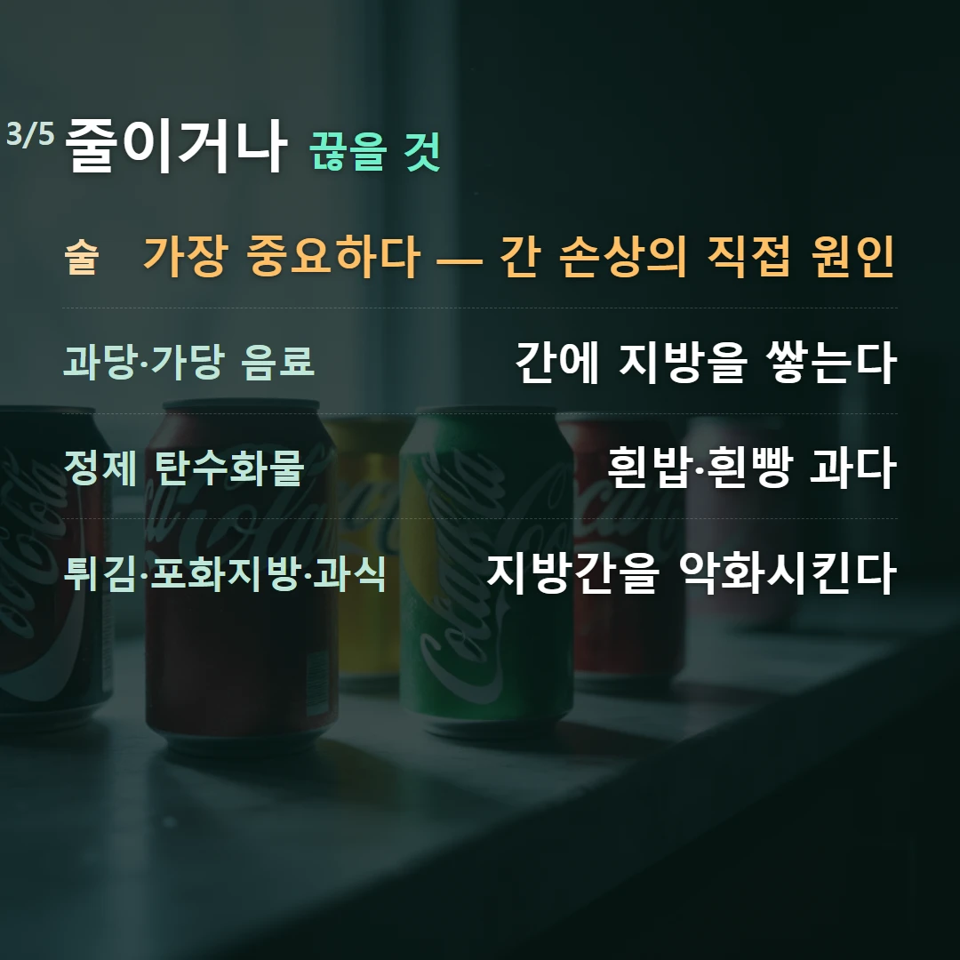 줄이거나 끊을 것 — 술 가장 중요하다 — 간 손상의 직접 원인, 과당·가당 음료 간에 지방을 쌓는다, 정제 탄수화물 흰밥·흰빵 과다, 튀김·포화지방·과식 지방간을 악화시킨다