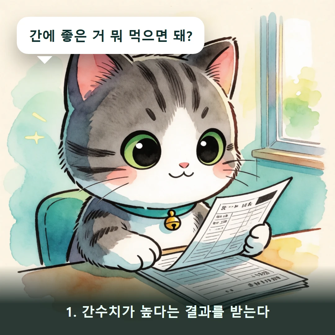 웹툰 1컷 — 1. 간수치가 높다는 결과를 받는다 (간에 좋은 거 뭐 먹으면 돼?)