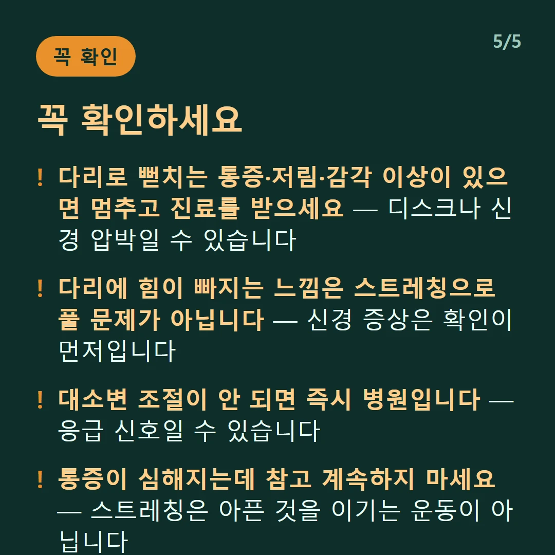 꼭 확인하세요 — 다리로 뻗치는 통증·저림·감각 이상이 있으면 멈추고 진료를 받으세요 — 디스크나 신경 압박일 수 있습니다 / 다리에 힘이 빠지는 느낌은 스트레칭으로 풀 문제가 아닙니다 — 신경 증상은 확인이 먼저입니다 / 대소변 조절이 안 되면 즉시 병원입니다 — 응급 신호일 수 있습니다 / 통증이 심해지는데 참고 계속하지 마세요 — 스트레칭은 아픈 것을 이기는 운동이 아닙니다