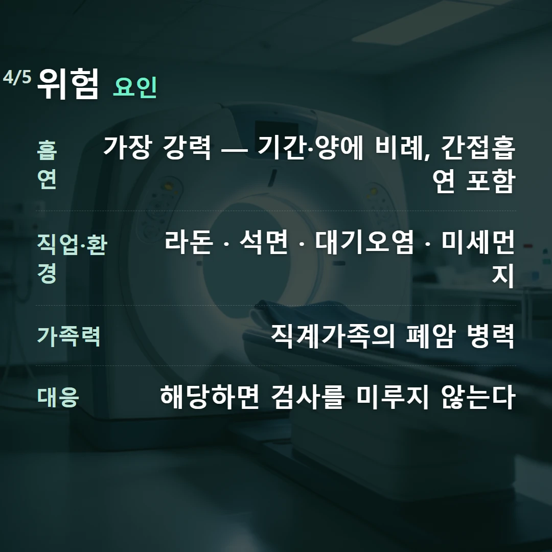 위험 요인 — 흡연 가장 강력 — 기간·양에 비례, 간접흡연 포함, 직업·환경 라돈 · 석면 · 대기오염 · 미세먼지, 가족력 직계가족의 폐암 병력, 대응 해당하면 검사를 미루지 않는다