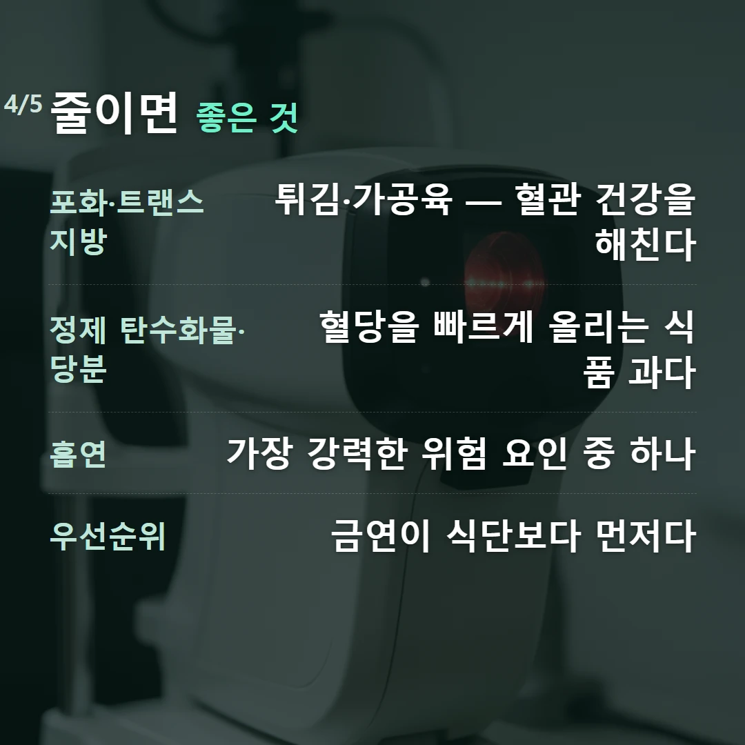 줄이면 좋은 것 — 포화·트랜스지방 튀김·가공육 — 혈관 건강을 해친다, 정제 탄수화물·당분 혈당을 빠르게 올리는 식품 과다, 흡연 가장 강력한 위험 요인 중 하나, 우선순위 금연이 식단보다 먼저다