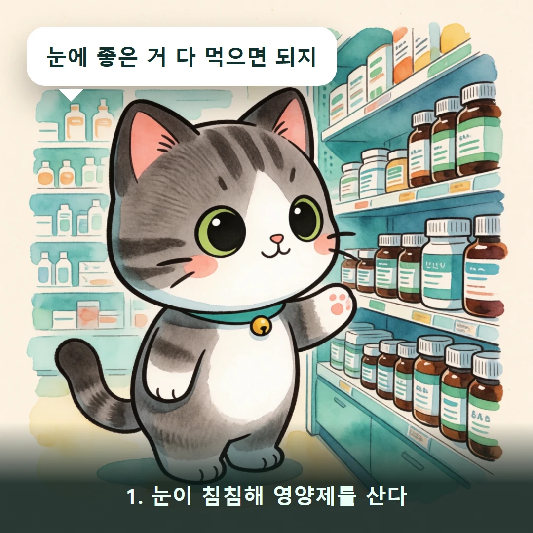 웹툰 1컷 — 1. 눈이 침침해 영양제를 산다 (눈에 좋은 거 다 먹으면 되지)
