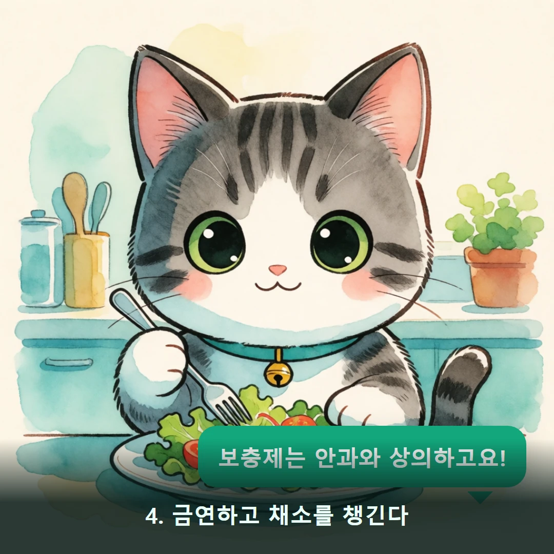 웹툰 4컷 — 4. 금연하고 채소를 챙긴다 (보충제는 안과와 상의하고요!)