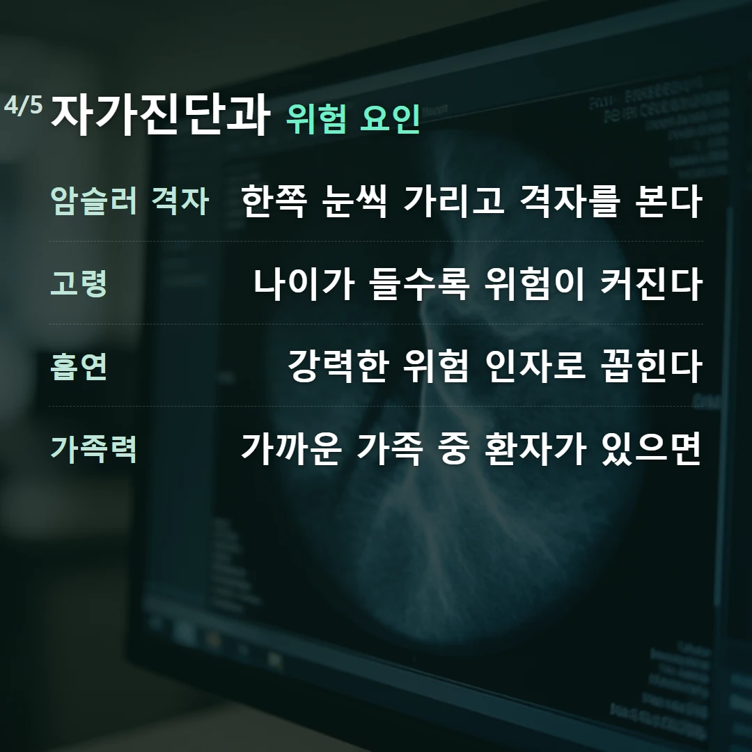 자가진단과 위험 요인 — 암슬러 격자 한쪽 눈씩 가리고 격자를 본다, 고령 나이가 들수록 위험이 커진다, 흡연 강력한 위험 인자로 꼽힌다, 가족력 가까운 가족 중 환자가 있으면