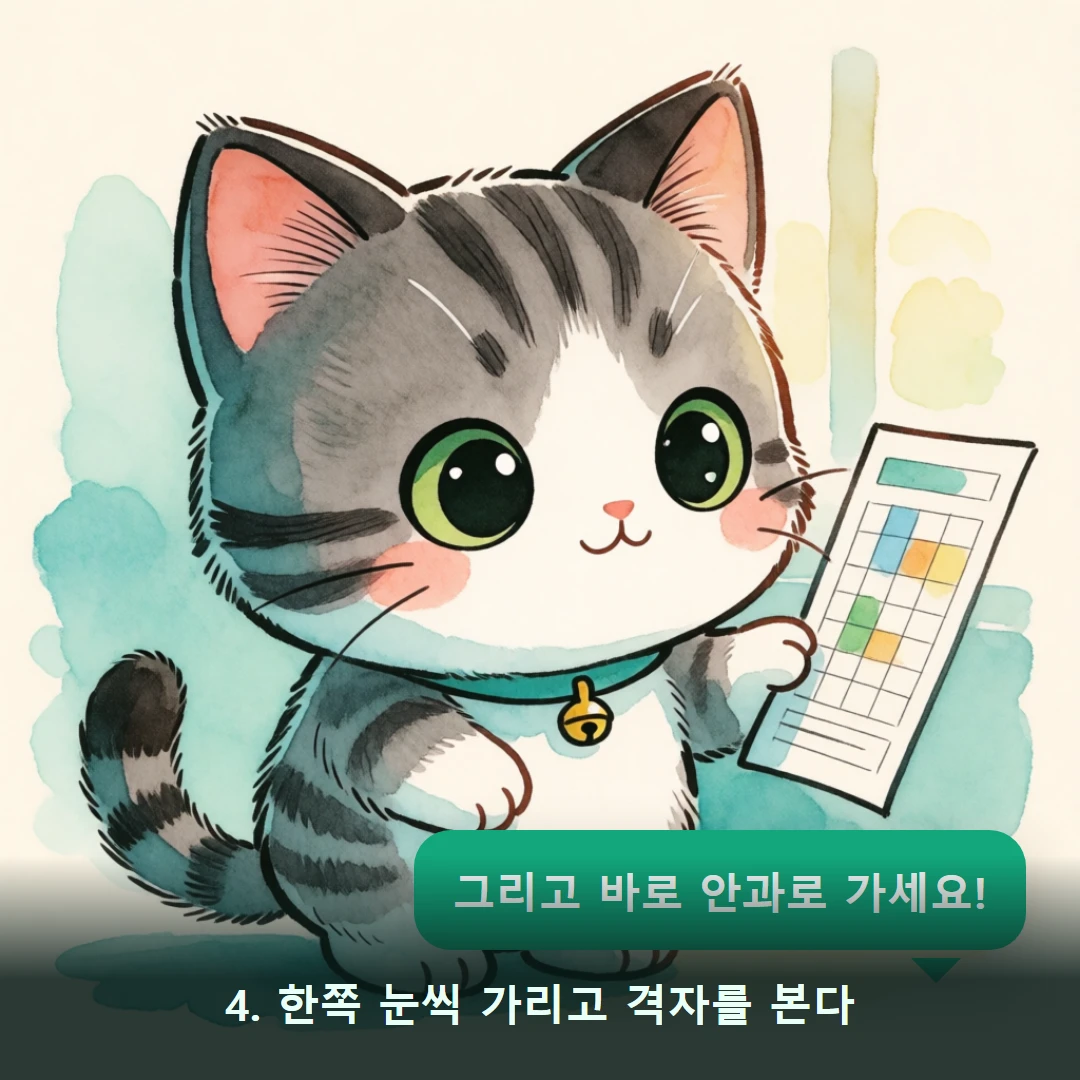 웹툰 4컷 — 4. 한쪽 눈씩 가리고 격자를 본다 (그리고 바로 안과로 가세요!)