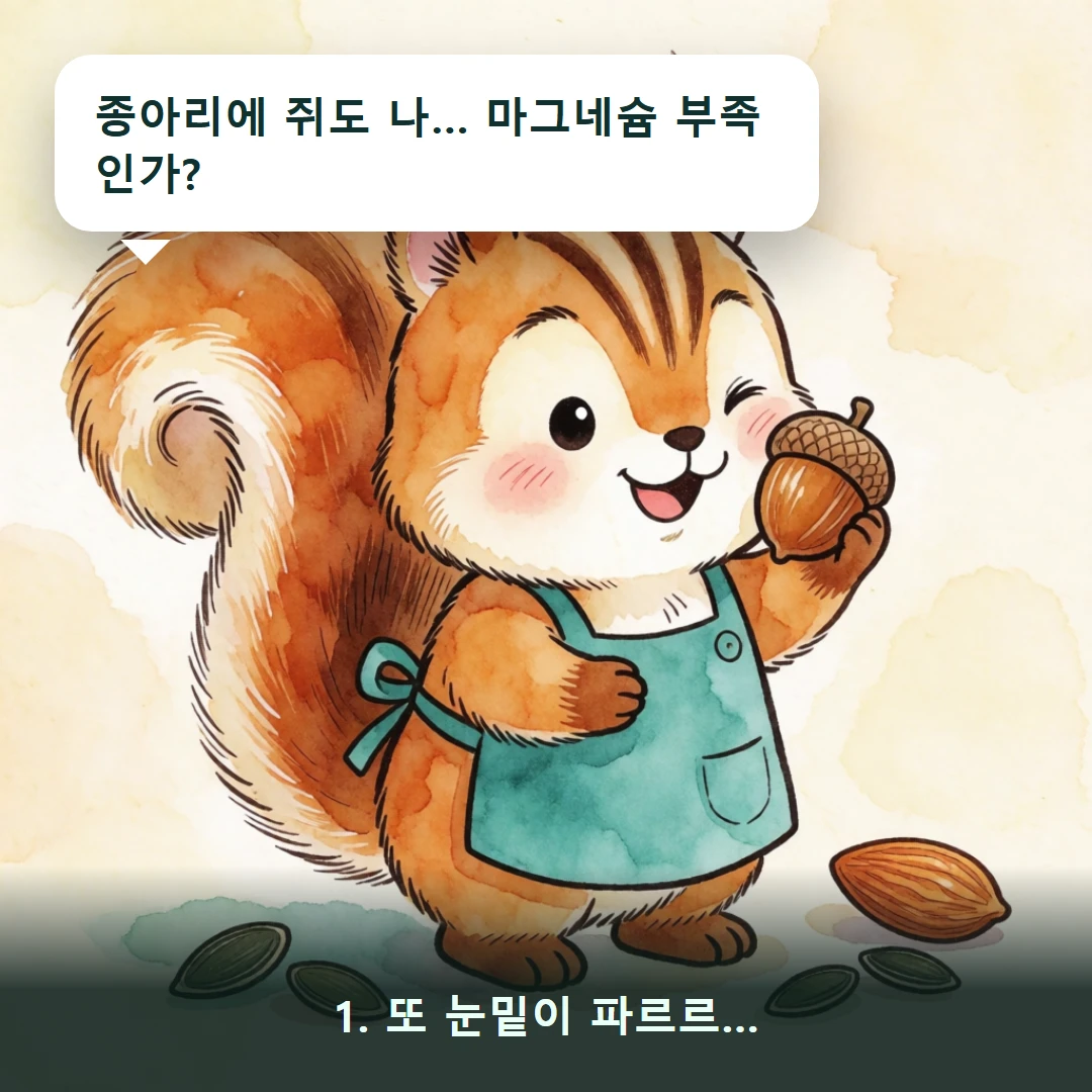 웹툰 1컷 — 1. 또 눈밑이 파르르… (종아리에 쥐도 나… 마그네슘 부족인가?)