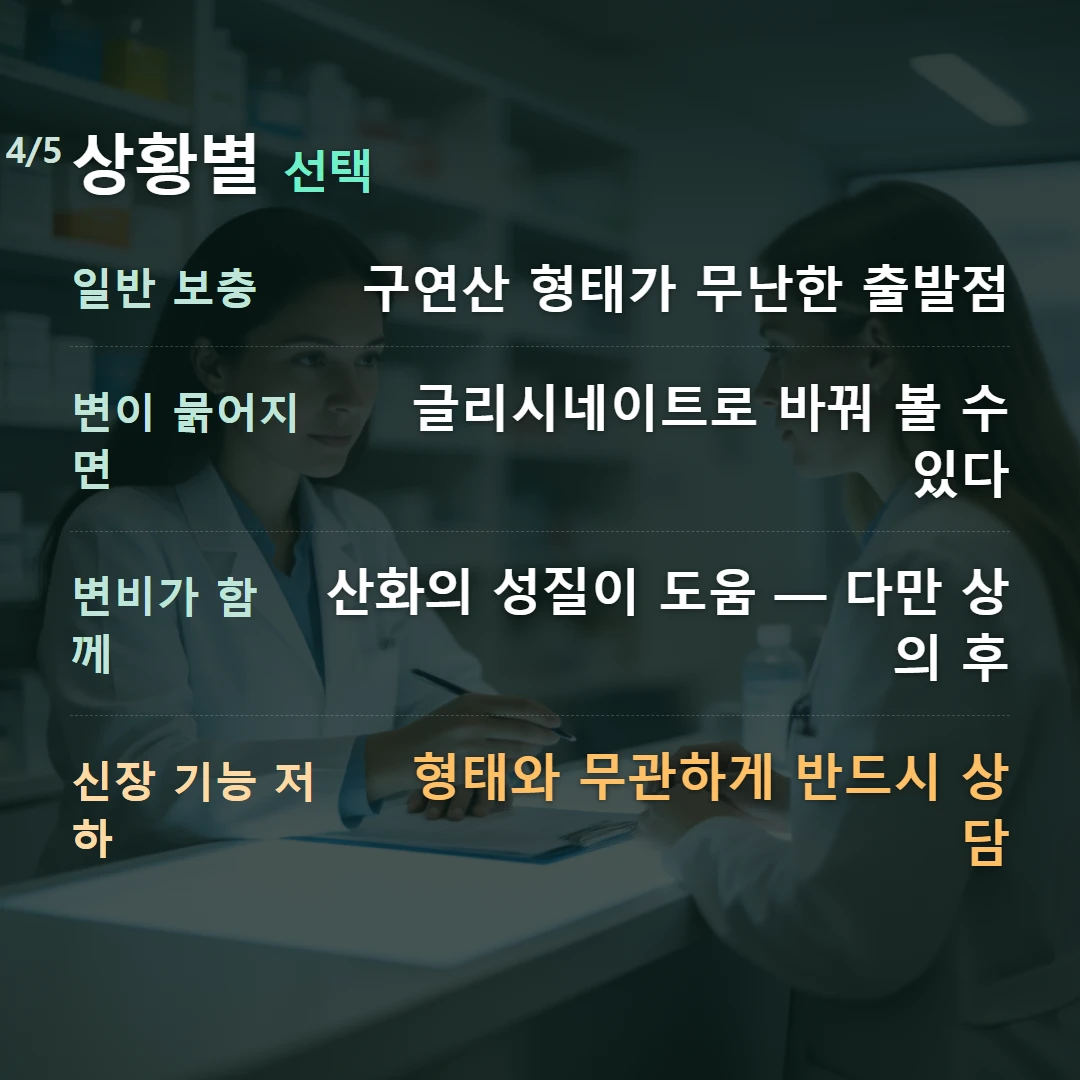 상황별 선택 — 일반 보충 구연산 형태가 무난한 출발점, 변이 묽어지면 글리시네이트로 바꿔 볼 수 있다, 변비가 함께 산화의 성질이 도움 — 다만 상의 후, 신장 기능 저하 형태와 무관하게 반드시 상담