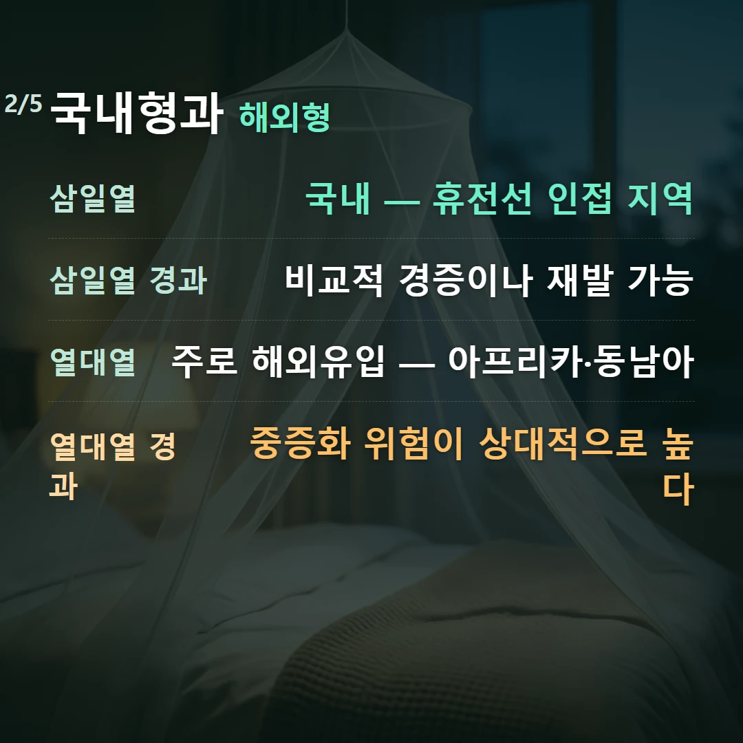 국내형과 해외형 — 삼일열 국내 — 휴전선 인접 지역, 삼일열 경과 비교적 경증이나 재발 가능, 열대열 주로 해외유입 — 아프리카·동남아, 열대열 경과 중증화 위험이 상대적으로 높다