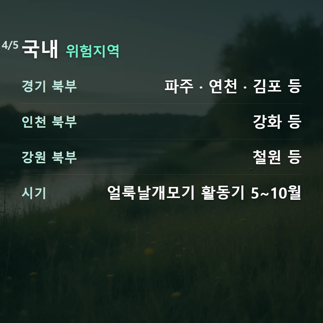 국내 위험지역 — 경기 북부 파주 · 연천 · 김포 등, 인천 북부 강화 등, 강원 북부 철원 등, 시기 얼룩날개모기 활동기 5~10월