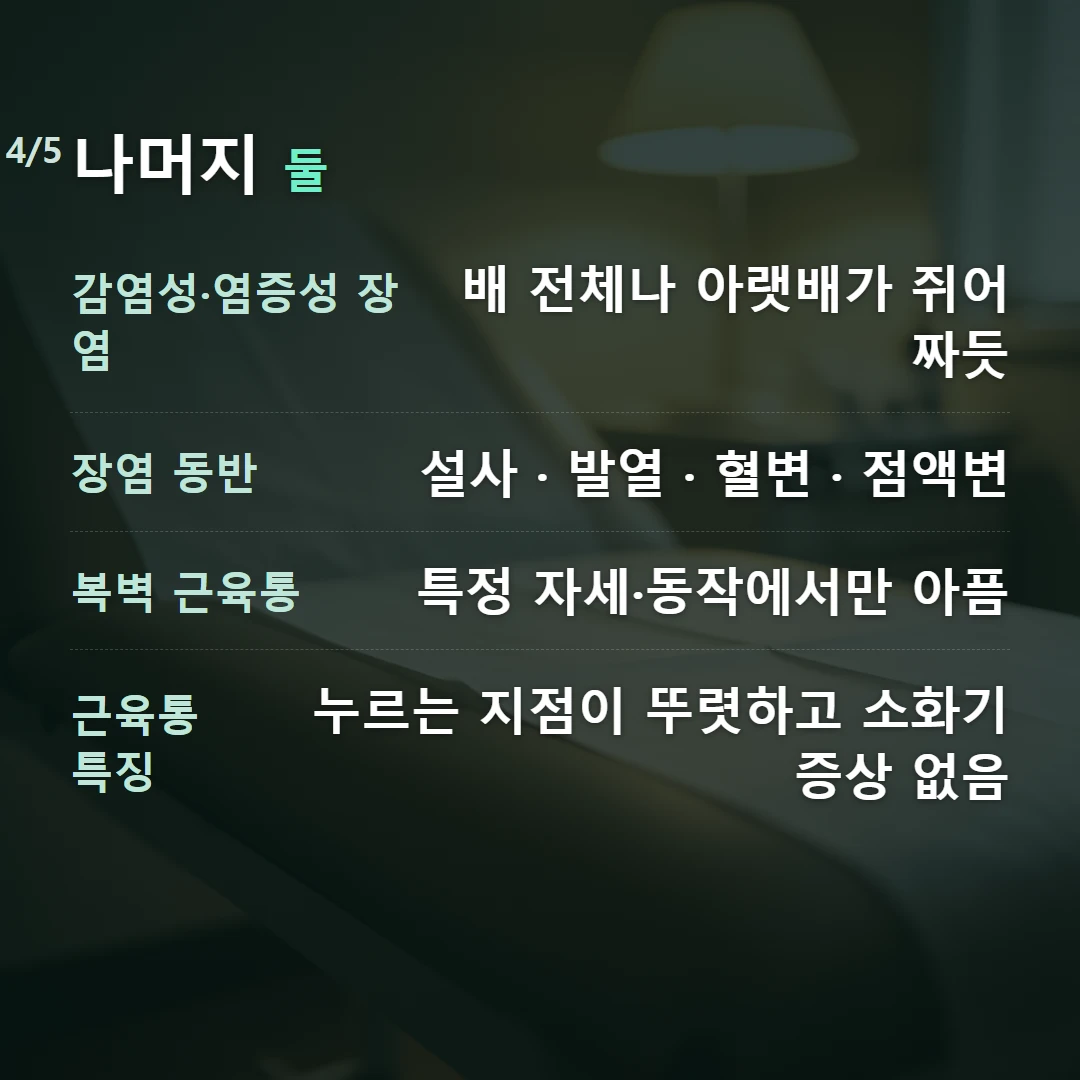 나머지 둘 — 감염성·염증성 장염 배 전체나 아랫배가 쥐어짜듯, 장염 동반 설사 · 발열 · 혈변 · 점액변, 복벽 근육통 특정 자세·동작에서만 아픔, 근육통 특징 누르는 지점이 뚜렷하고 소화기 증상 없음