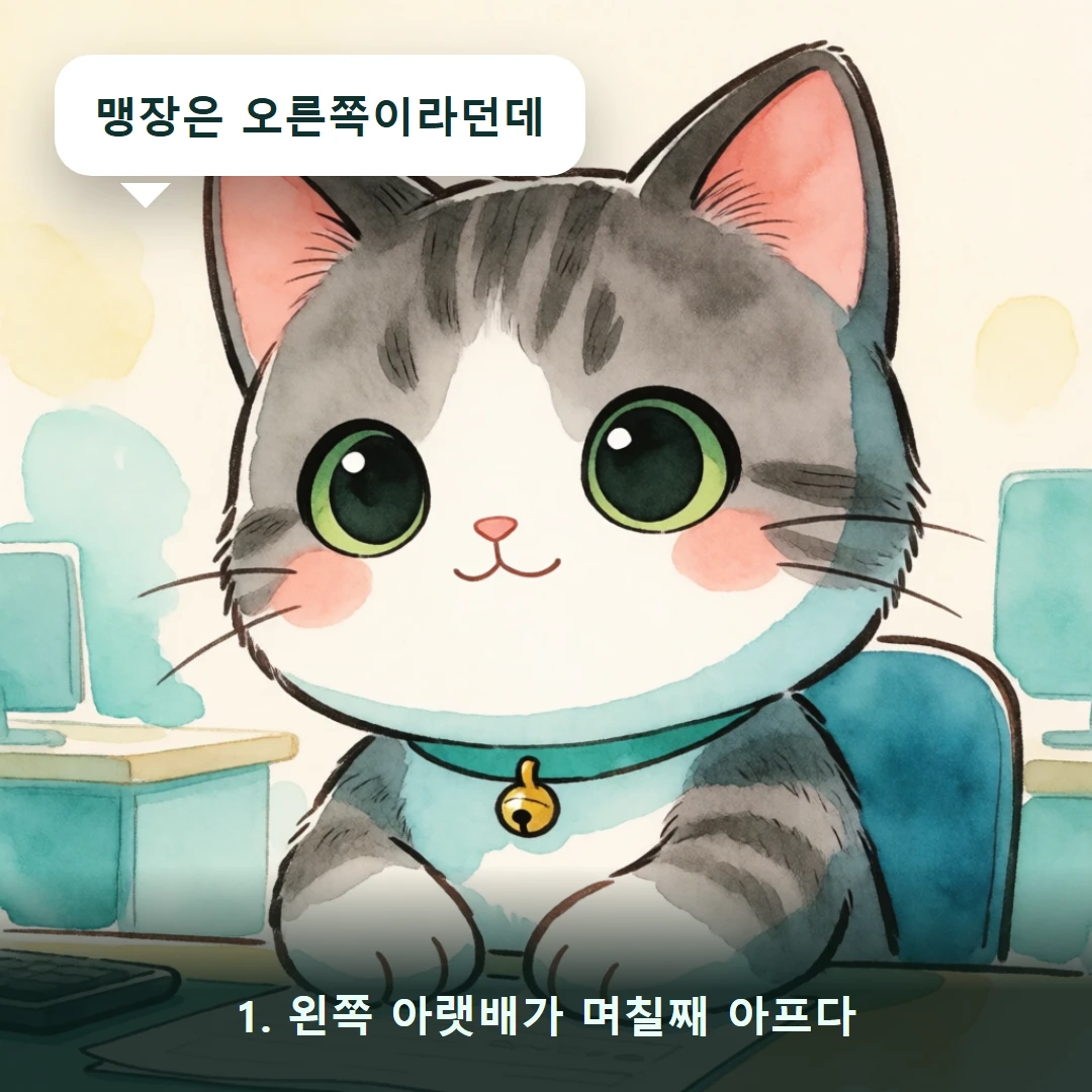 웹툰 1컷 — 1. 왼쪽 아랫배가 며칠째 아프다 (맹장은 오른쪽이라던데)