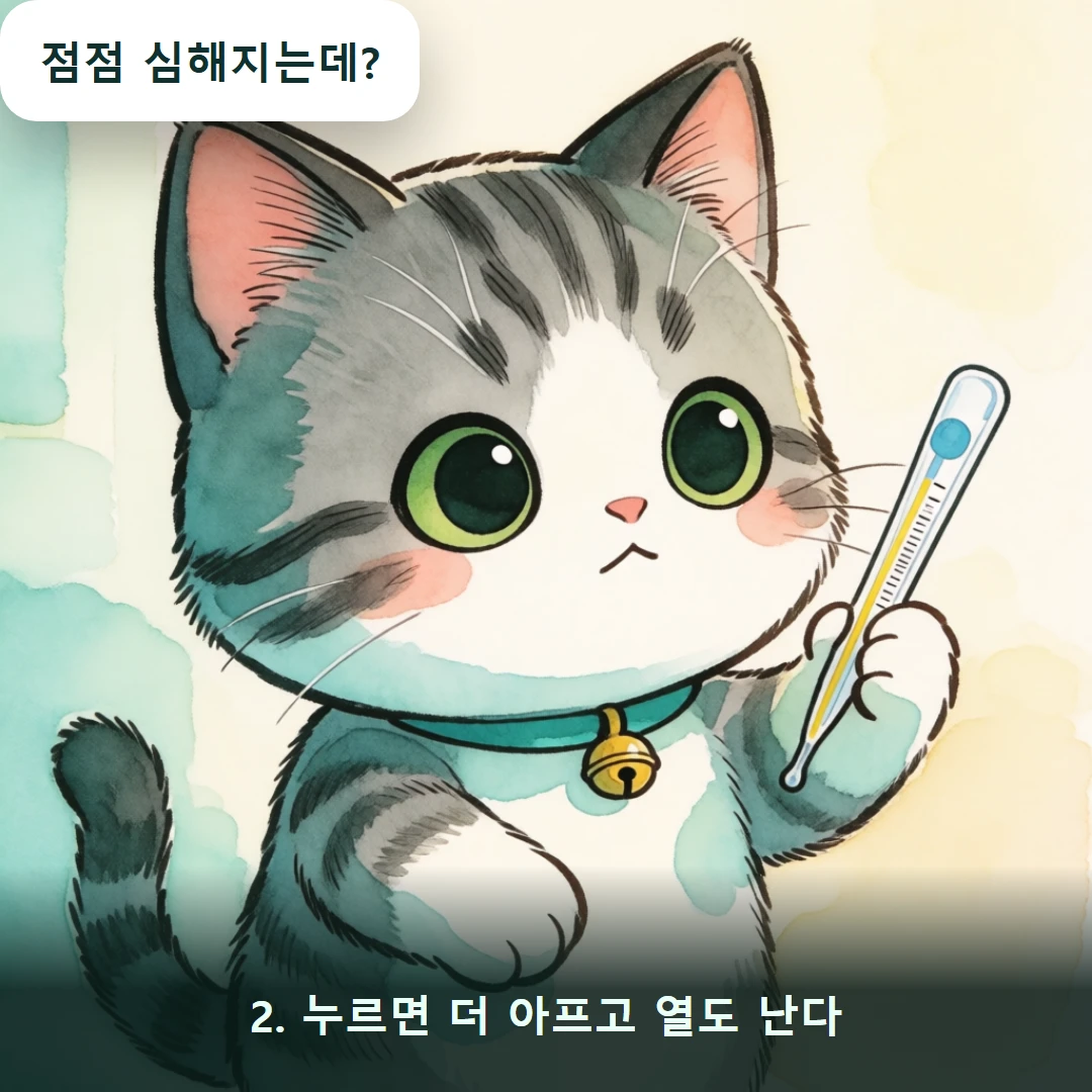 웹툰 2컷 — 2. 누르면 더 아프고 열도 난다 (점점 심해지는데?)