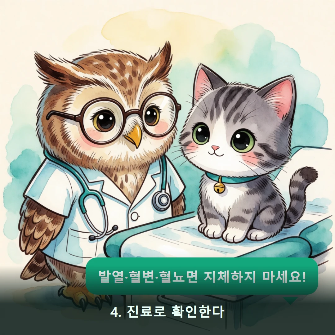 웹툰 4컷 — 4. 진료로 확인한다 (발열·혈변·혈뇨면 지체하지 마세요!)