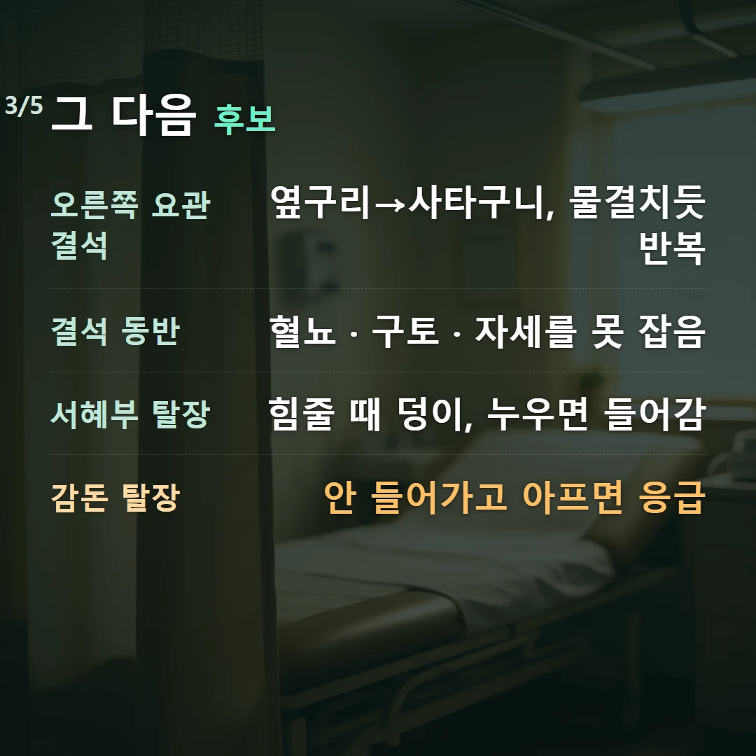그 다음 후보 — 오른쪽 요관결석 옆구리→사타구니, 물결치듯 반복, 결석 동반 혈뇨 · 구토 · 자세를 못 잡음, 서혜부 탈장 힘줄 때 덩이, 누우면 들어감, 감돈 탈장 안 들어가고 아프면 응급