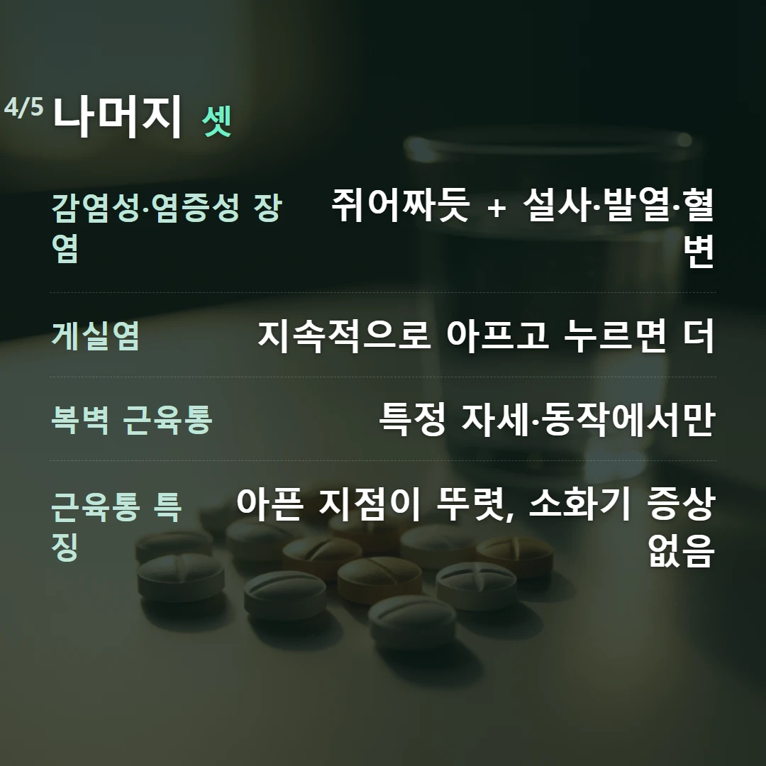 나머지 셋 — 감염성·염증성 장염 쥐어짜듯 + 설사·발열·혈변, 게실염 지속적으로 아프고 누르면 더, 복벽 근육통 특정 자세·동작에서만, 근육통 특징 아픈 지점이 뚜렷, 소화기 증상 없음