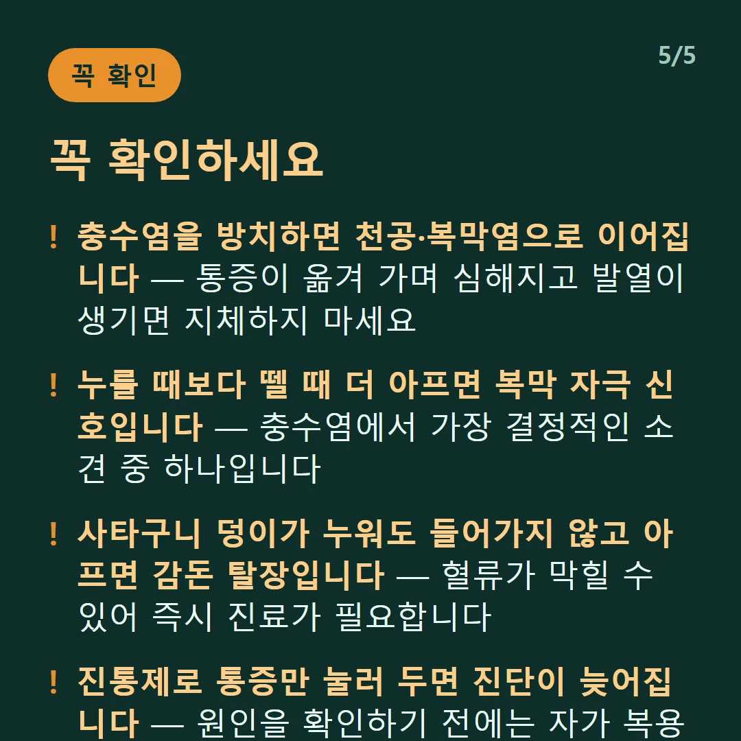 꼭 확인하세요 — 충수염을 방치하면 천공·복막염으로 이어집니다 — 통증이 옮겨 가며 심해지고 발열이 생기면 지체하지 마세요 / 누를 때보다 뗄 때 더 아프면 복막 자극 신호입니다 — 충수염에서 가장 결정적인 소견 중 하나입니다 / 사타구니 덩이가 누워도 들어가지 않고 아프면 감돈 탈장입니다 — 혈류가 막힐 수 있어 즉시 진료가 필요합니다 / 진통제로 통증만 눌러 두면 진단이 늦어집니다 — 원인을 확인하기 전에는 자가 복용을 삼가세요