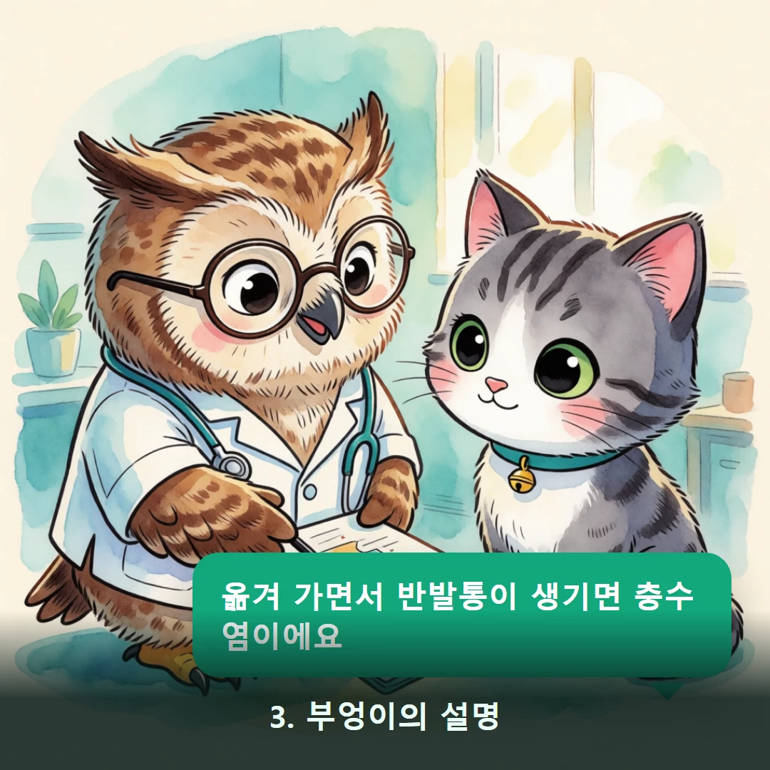 웹툰 3컷 — 3. 부엉이의 설명 (옮겨 가면서 반발통이 생기면 충수염이에요)