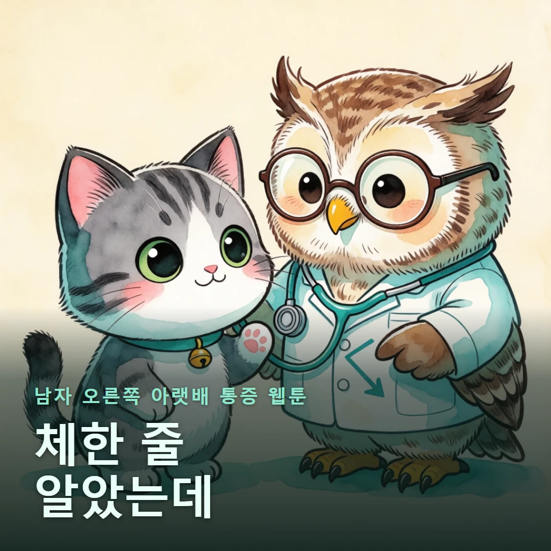 남자 오른쪽 아랫배 통증 웹툰 표지 — 체한 줄 알았는데