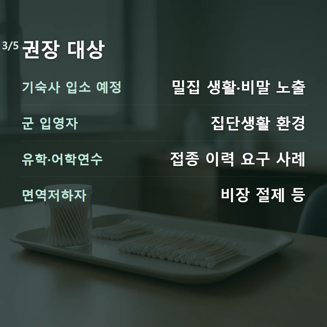 권장 대상 — 기숙사 입소 예정 밀집 생활·비말 노출, 군 입영자 집단생활 환경, 유학·어학연수 접종 이력 요구 사례, 면역저하자 비장 절제 등