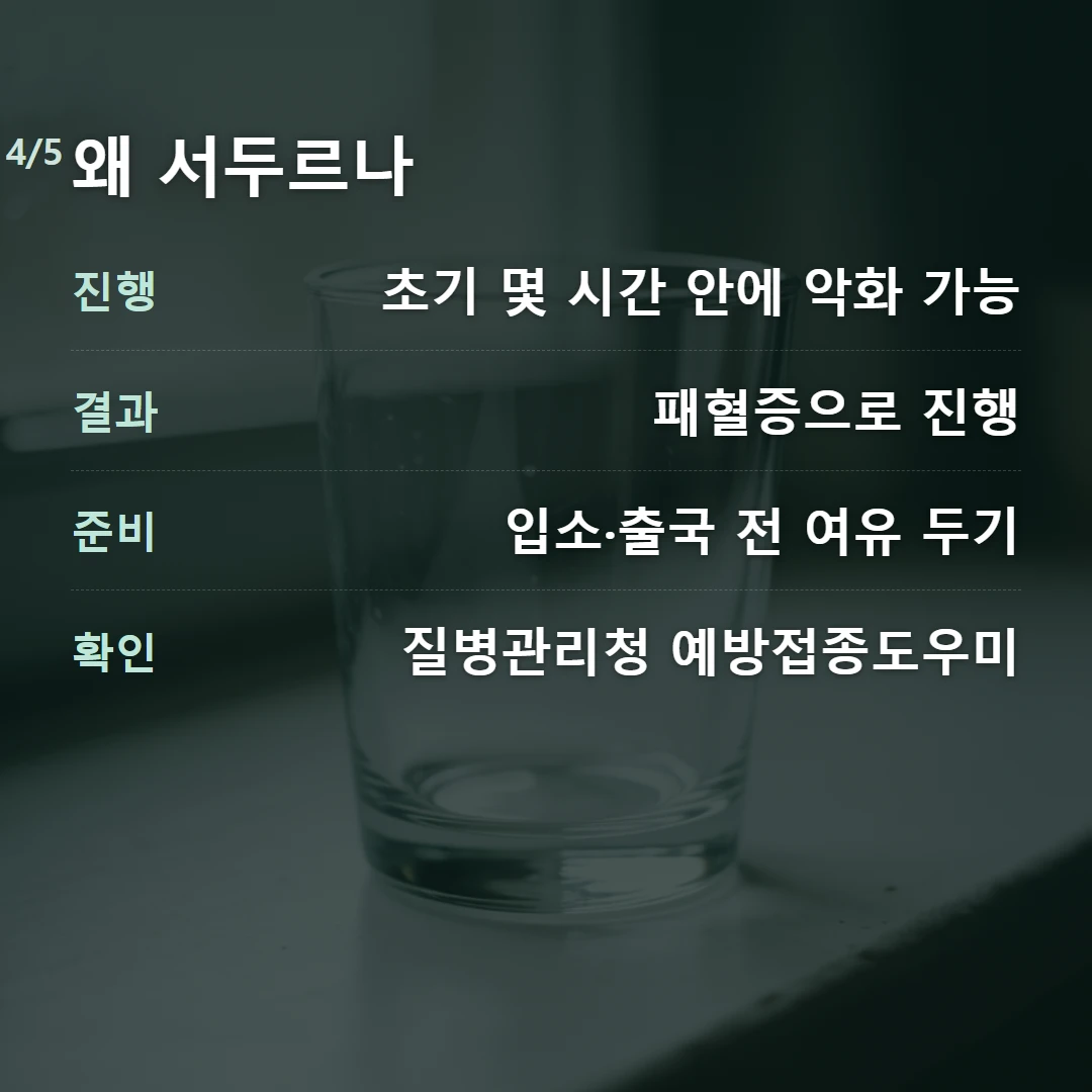 왜 서두르나 — 진행 초기 몇 시간 안에 악화 가능, 결과 패혈증으로 진행, 준비 입소·출국 전 여유 두기, 확인 질병관리청 예방접종도우미