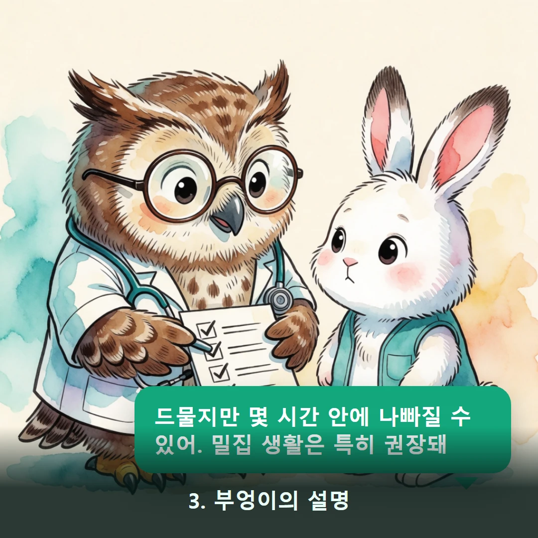 웹툰 3컷 — 3. 부엉이의 설명 (드물지만 몇 시간 안에 나빠질 수 있어. 밀집 생활은 특히 권장돼)