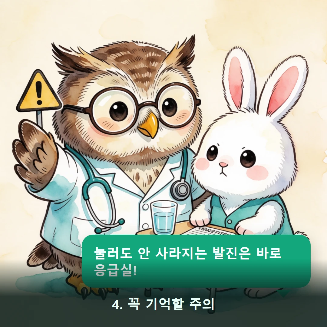 웹툰 4컷 — 4. 꼭 기억할 주의 (눌러도 안 사라지는 발진은 바로 응급실!)