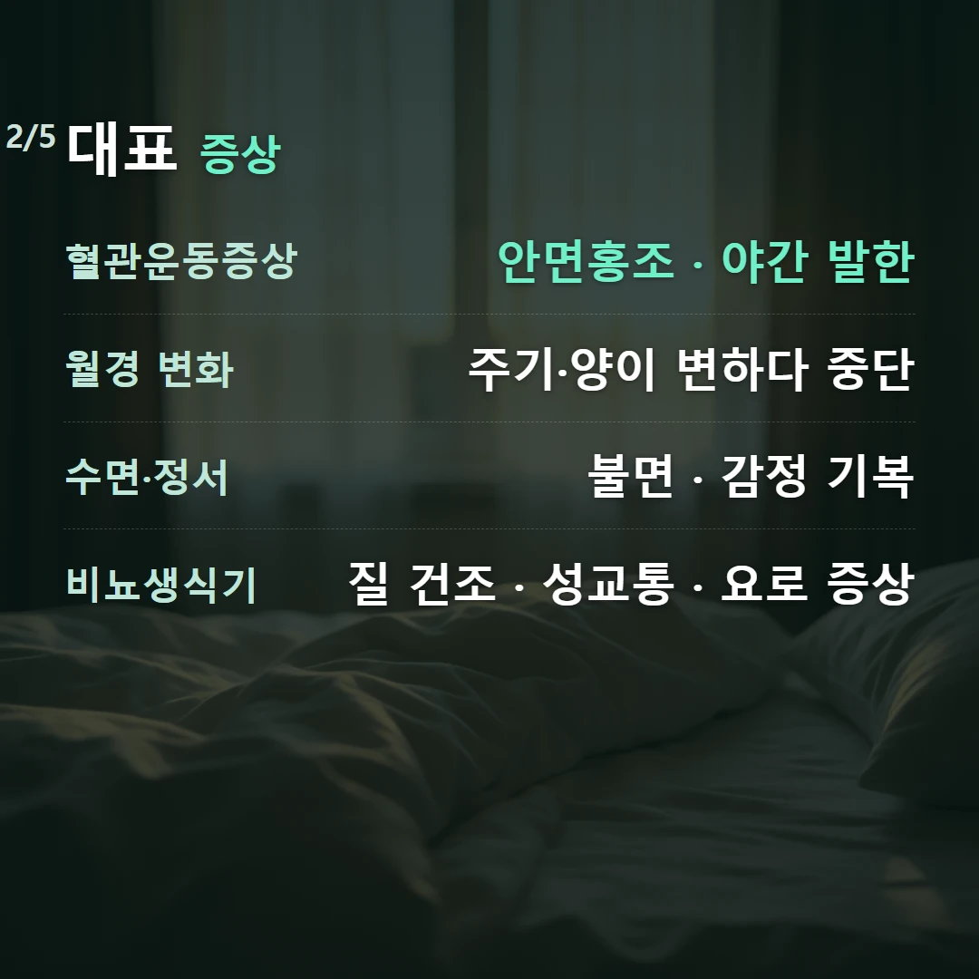 대표 증상 — 혈관운동증상 안면홍조 · 야간 발한, 월경 변화 주기·양이 변하다 중단, 수면·정서 불면 · 감정 기복, 비뇨생식기 질 건조 · 성교통 · 요로 증상