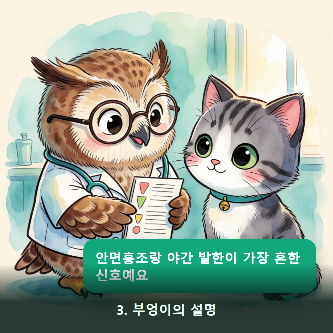 웹툰 3컷 — 3. 부엉이의 설명 (안면홍조랑 야간 발한이 가장 흔한 신호예요)