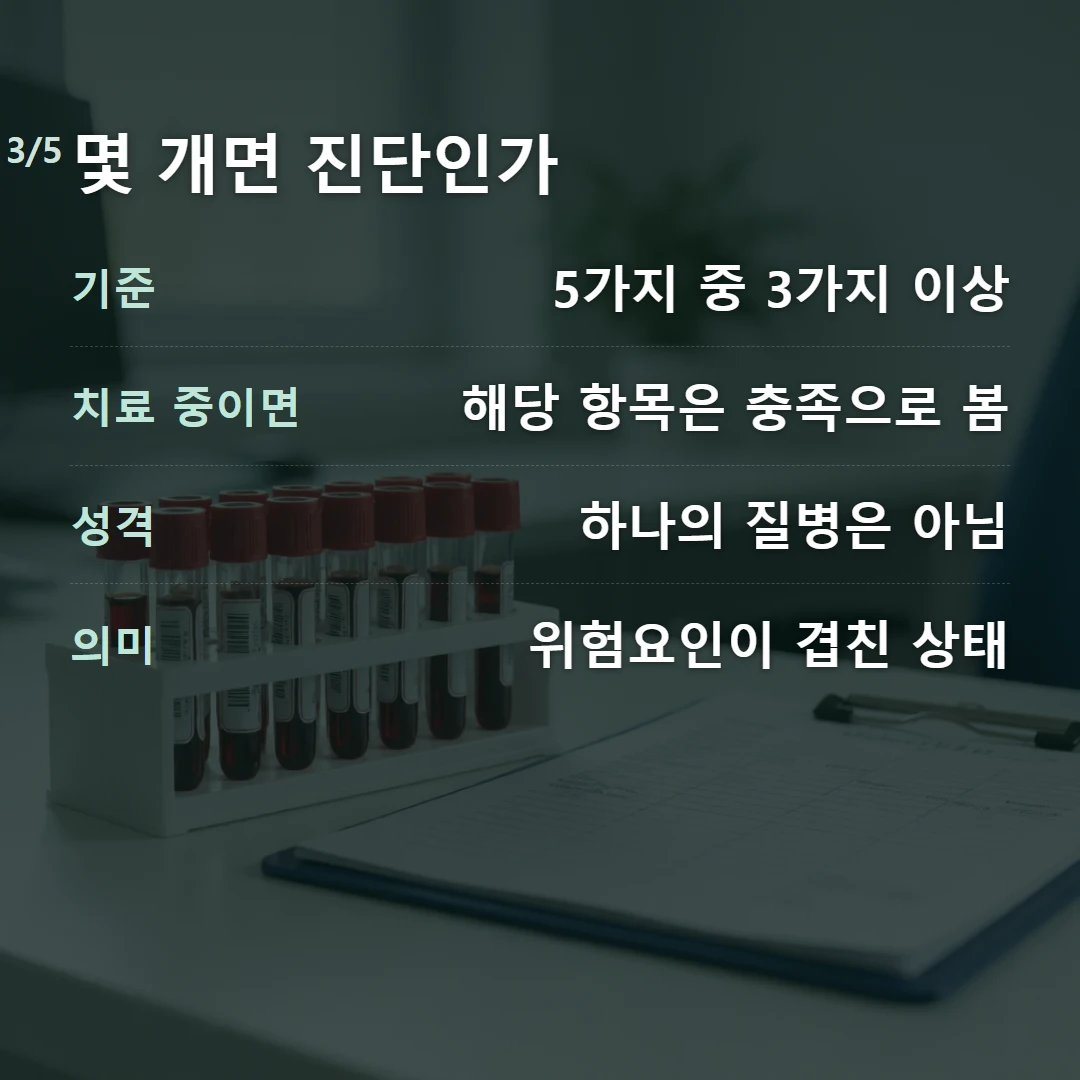 몇 개면 진단인가 — 기준 5가지 중 3가지 이상, 치료 중이면 해당 항목은 충족으로 봄, 성격 하나의 질병은 아님, 의미 위험요인이 겹친 상태