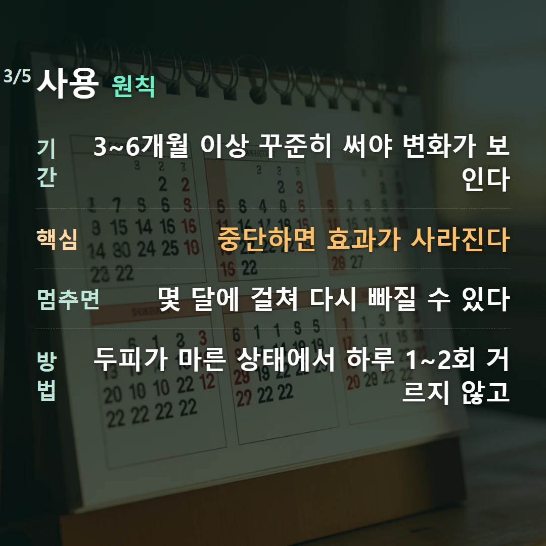 사용 원칙 — 기간 3~6개월 이상 꾸준히 써야 변화가 보인다, 핵심 중단하면 효과가 사라진다, 멈추면 몇 달에 걸쳐 다시 빠질 수 있다, 방법 두피가 마른 상태에서 하루 1~2회 거르지 않고
