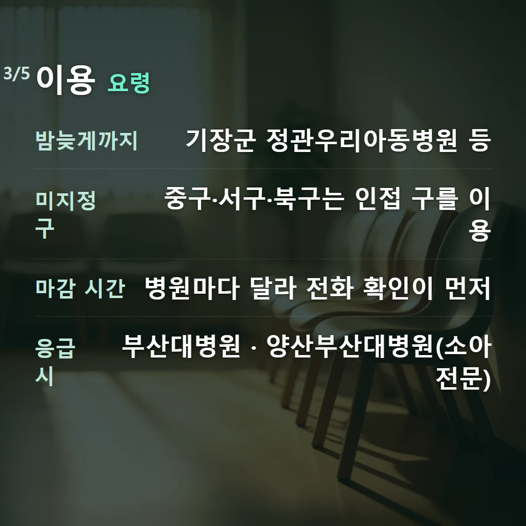이용 요령 — 밤늦게까지 기장군 정관우리아동병원 등, 미지정 구 중구·서구·북구는 인접 구를 이용, 마감 시간 병원마다 달라 전화 확인이 먼저, 응급 시 부산대병원 · 양산부산대병원(소아전문)
