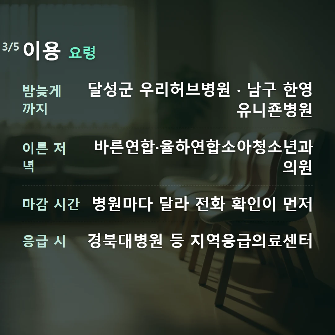 이용 요령 — 밤늦게까지 달성군 우리허브병원 · 남구 한영유니죤병원, 이른 저녁 바른연합·율하연합소아청소년과의원, 마감 시간 병원마다 달라 전화 확인이 먼저, 응급 시 경북대병원 등 지역응급의료센터