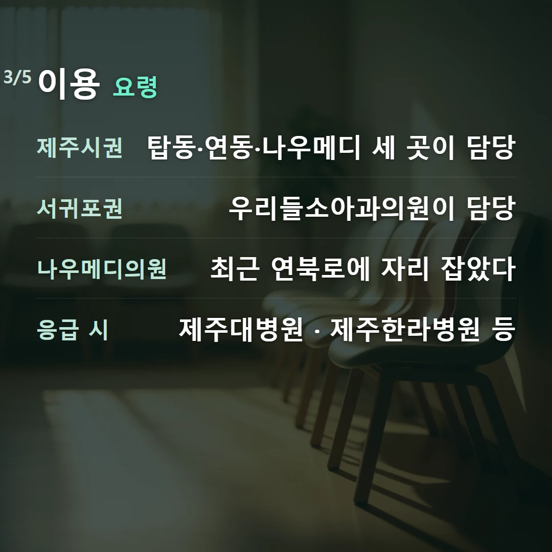 이용 요령 — 제주시권 탑동·연동·나우메디 세 곳이 담당, 서귀포권 우리들소아과의원이 담당, 나우메디의원 최근 연북로에 자리 잡았다, 응급 시 제주대병원 · 제주한라병원 등