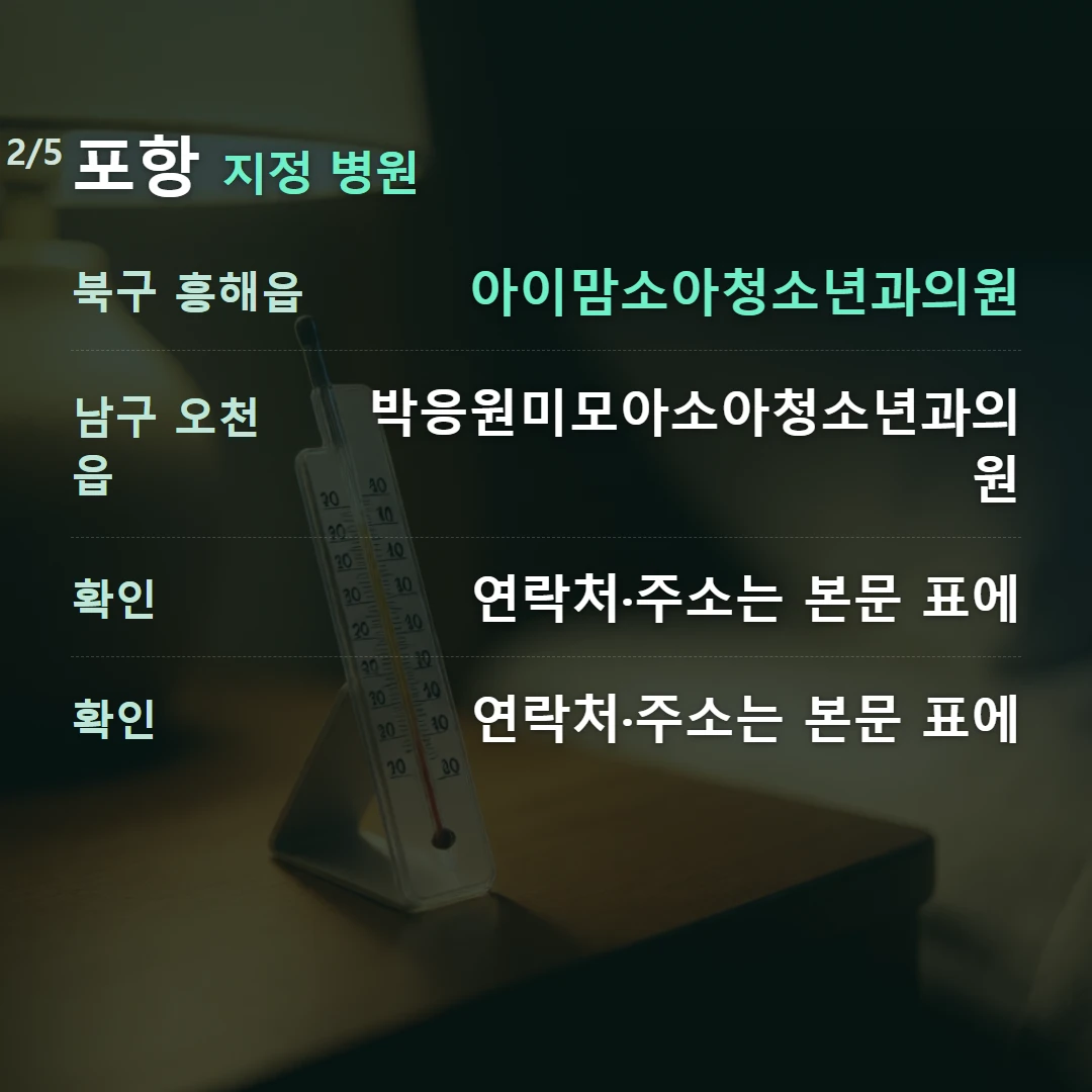 포항 지정 병원 — 북구 흥해읍 아이맘소아청소년과의원, 남구 오천읍 박응원미모아소아청소년과의원, 확인 연락처·주소는 본문 표에, 확인 연락처·주소는 본문 표에