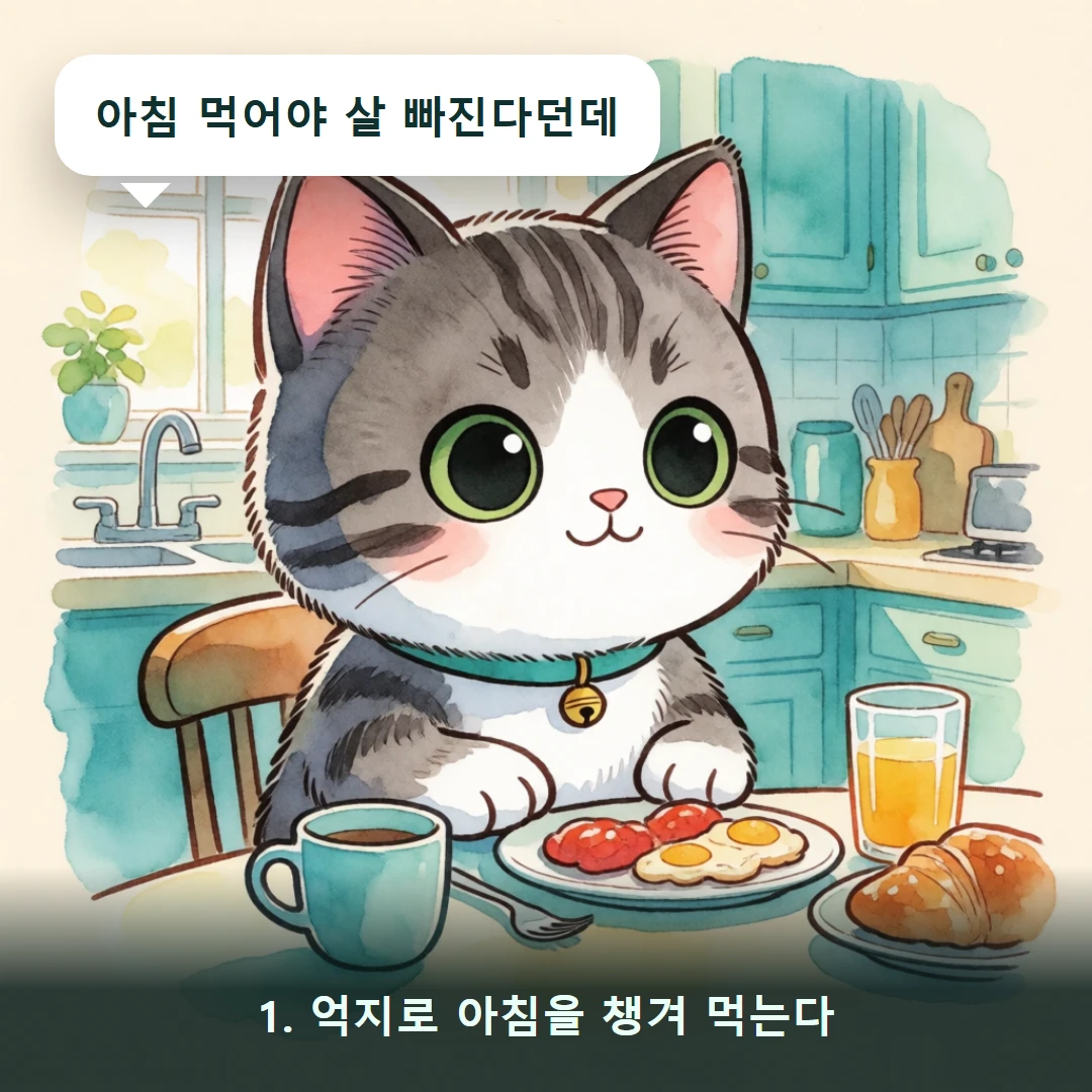 웹툰 1컷 — 1. 억지로 아침을 챙겨 먹는다 (아침 먹어야 살 빠진다던데)