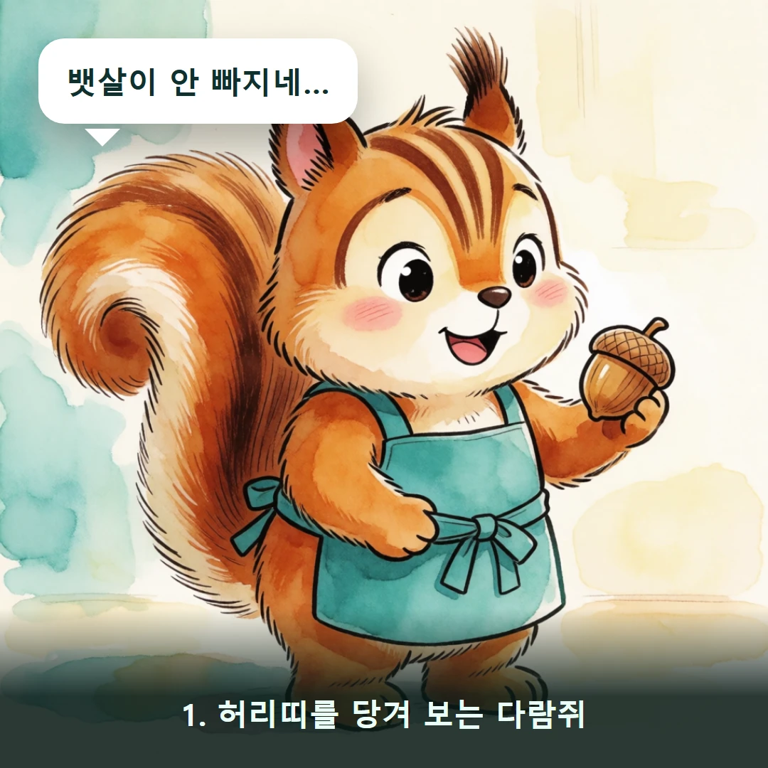 웹툰 1컷 — 1. 허리띠를 당겨 보는 다람쥐 (뱃살이 안 빠지네…)