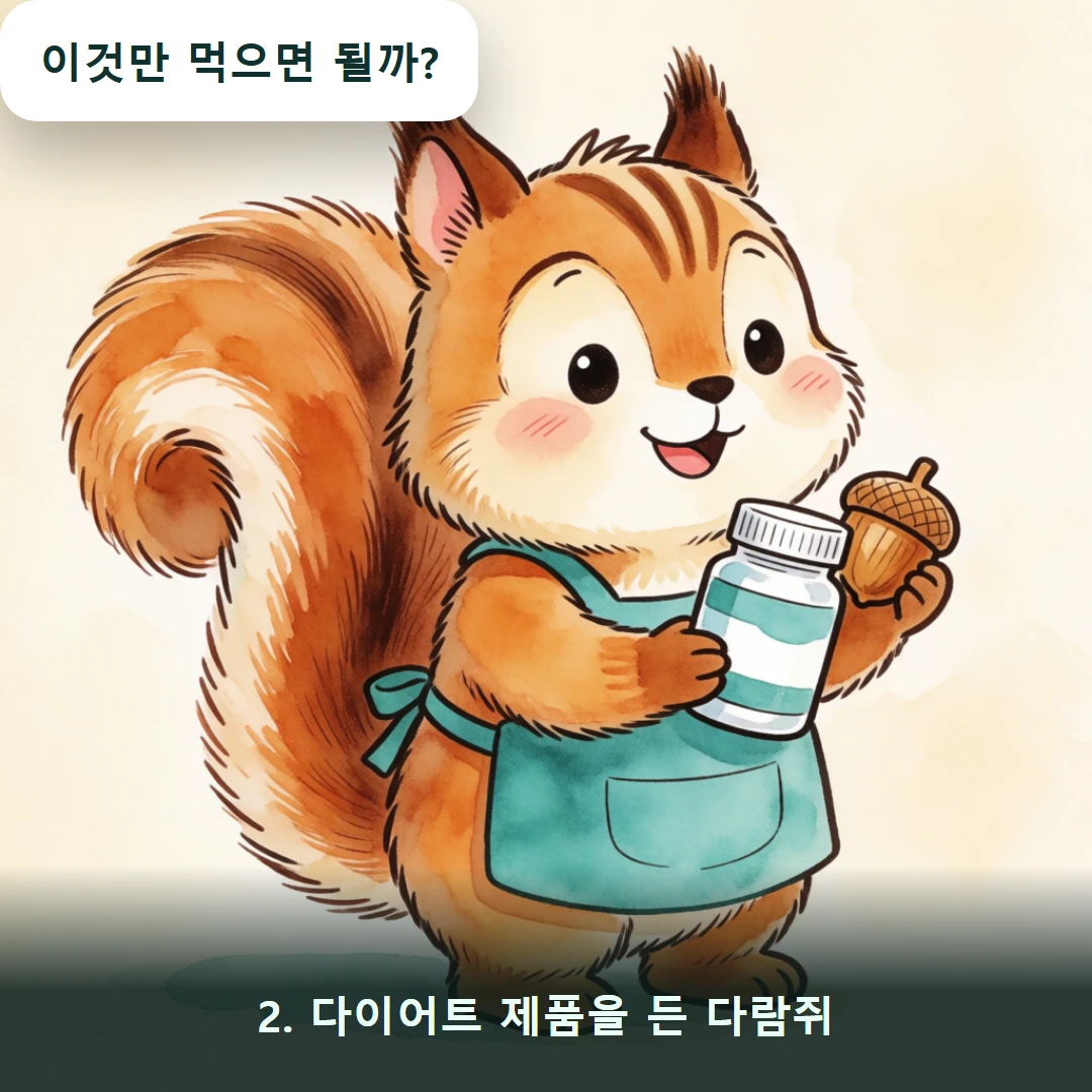 웹툰 2컷 — 2. 다이어트 제품을 든 다람쥐 (이것만 먹으면 될까?)