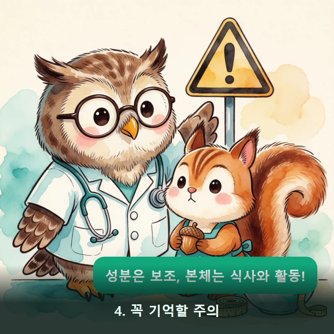 웹툰 4컷 — 4. 꼭 기억할 주의 (성분은 보조, 본체는 식사와 활동!)