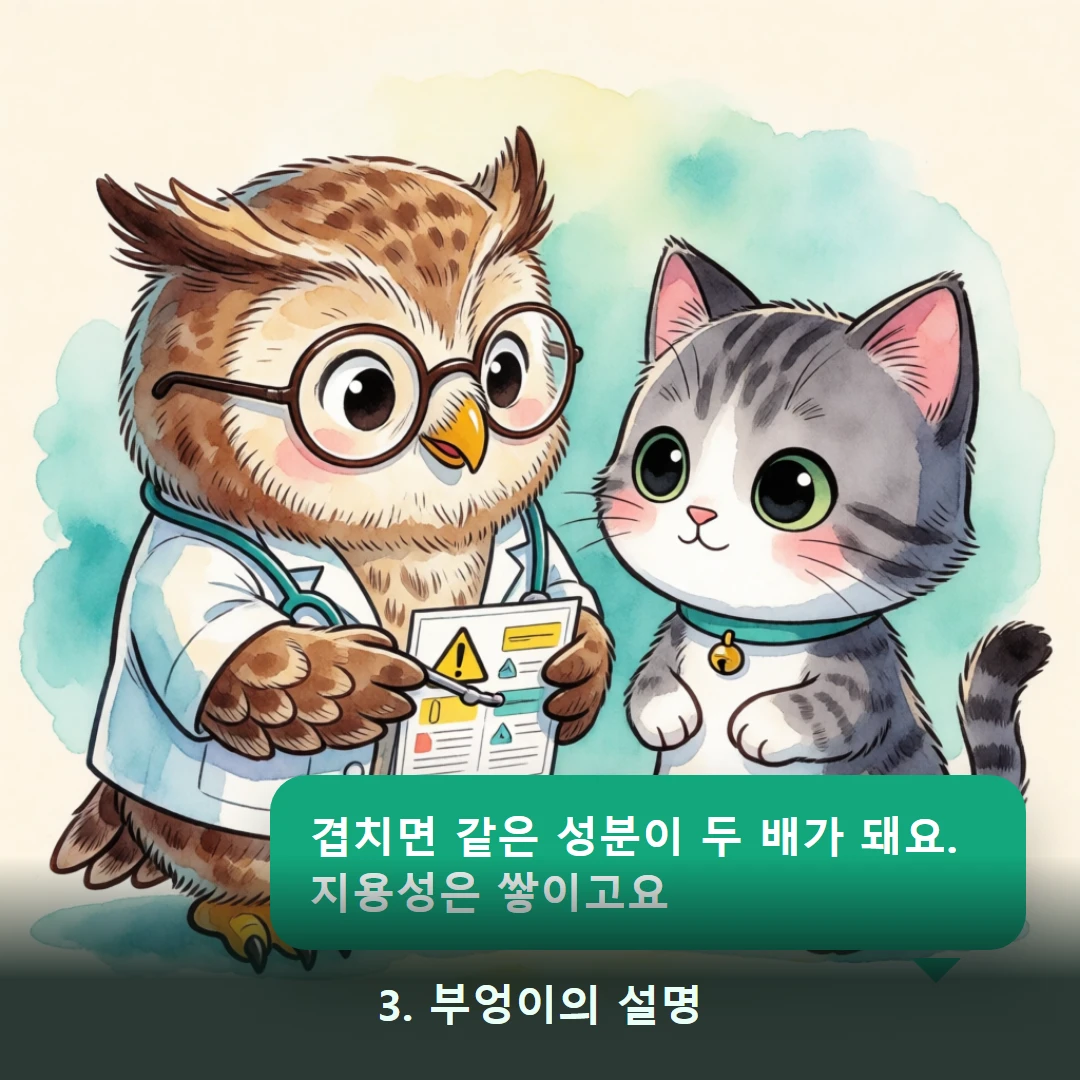 웹툰 3컷 — 3. 부엉이의 설명 (겹치면 같은 성분이 두 배가 돼요. 지용성은 쌓이고요)
