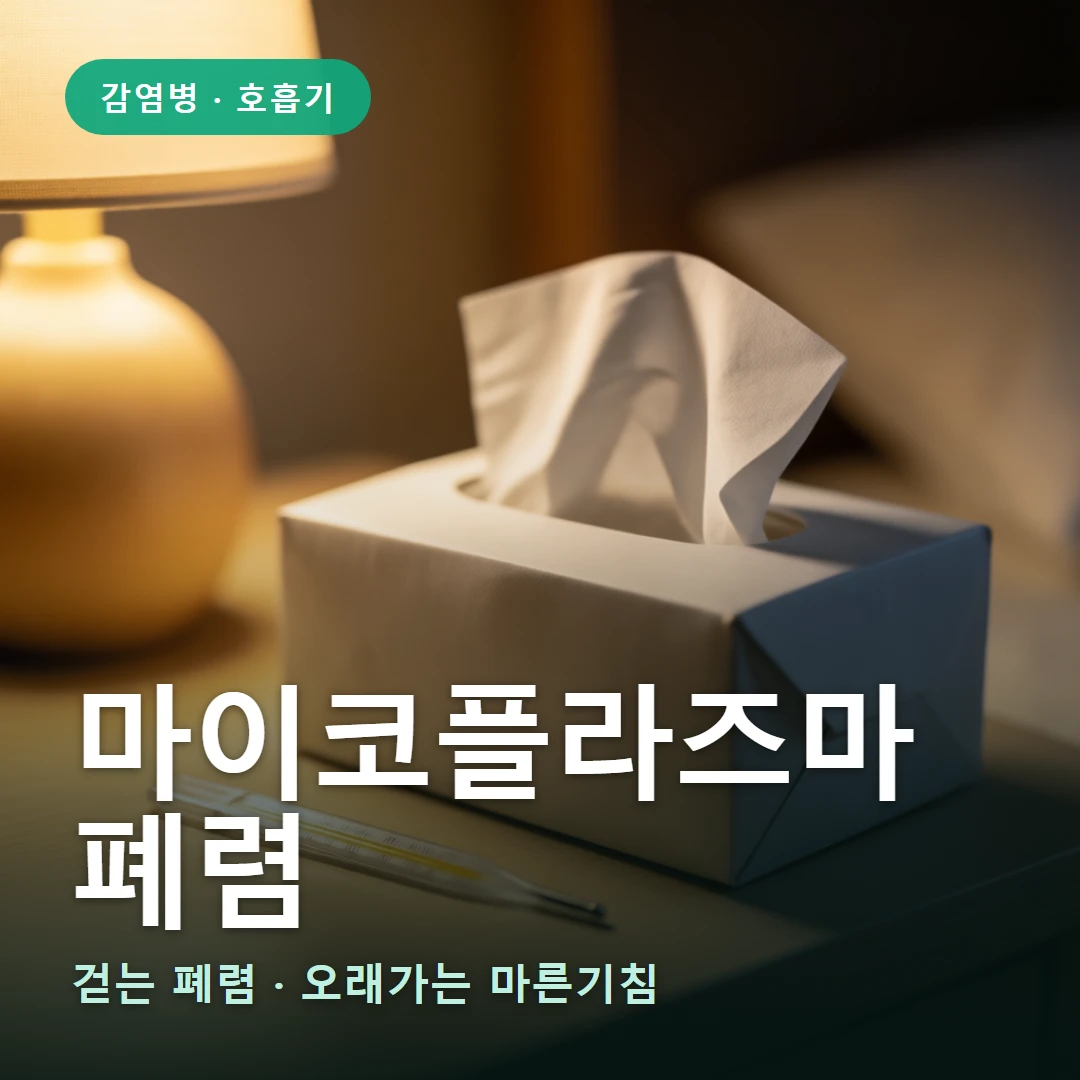 마이코플라즈마 폐렴 요약 표지 — 걷는 폐렴 · 오래가는 마른기침