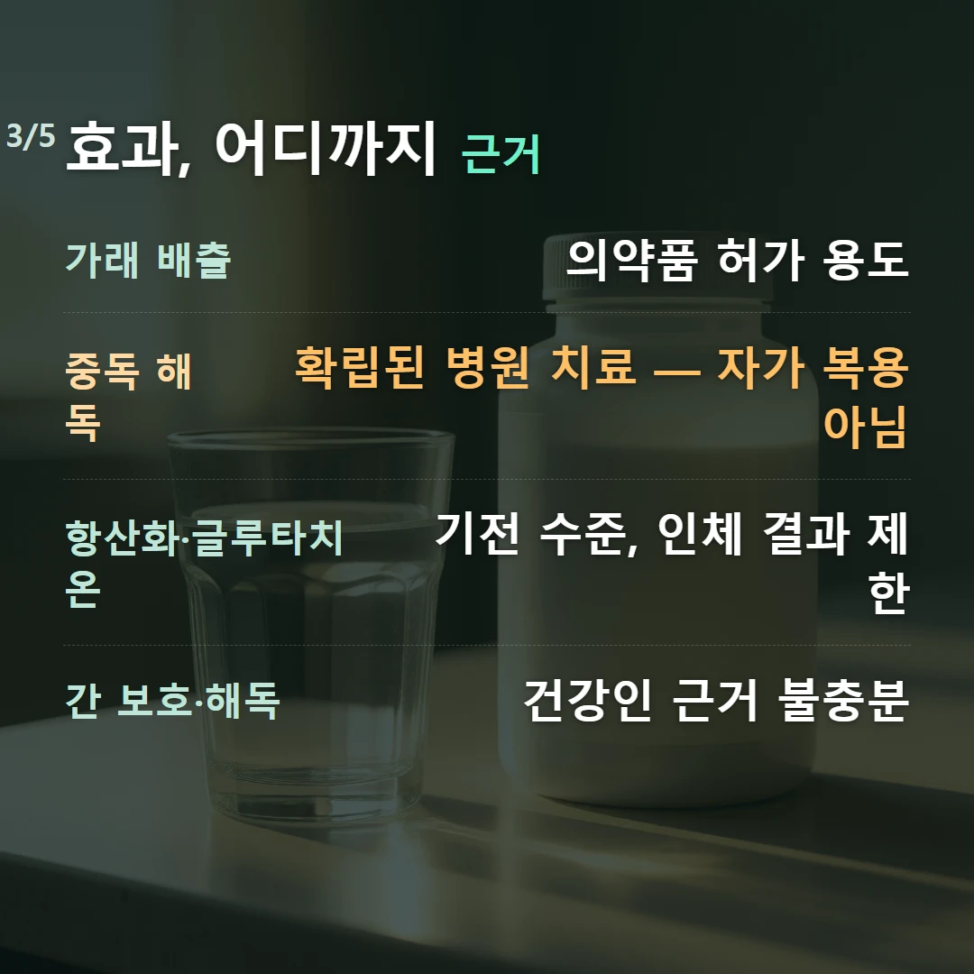 효과, 어디까지 근거 — 가래 배출 의약품 허가 용도, 중독 해독 확립된 병원 치료 — 자가 복용 아님, 항산화·글루타치온 기전 수준, 인체 결과 제한, 간 보호·해독 건강인 근거 불충분