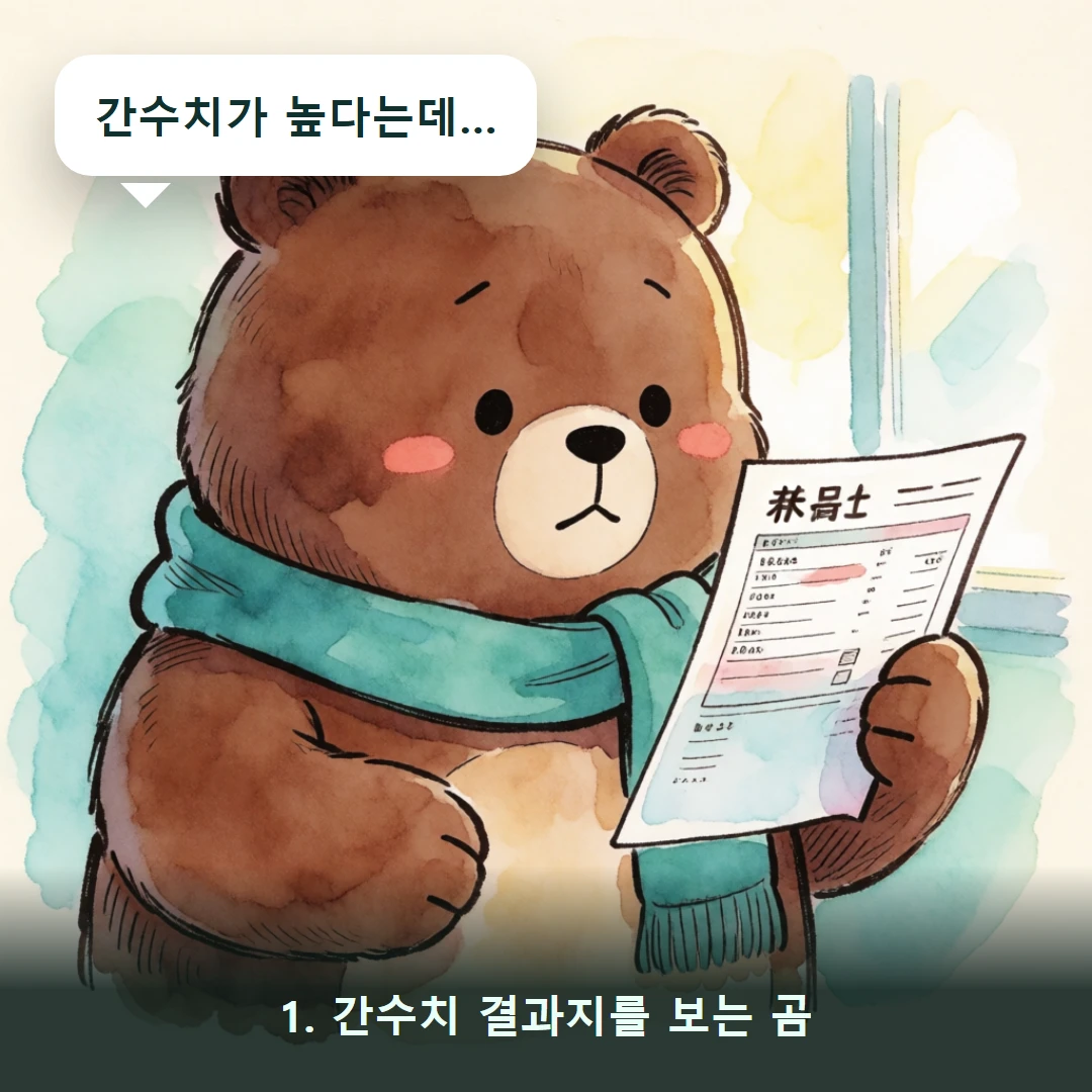 웹툰 1컷 — 1. 간수치 결과지를 보는 곰 (간수치가 높다는데…)